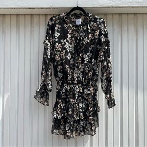 MISA LOS ANGELES black sheer floral ruffle long sleeve tiered mini dress